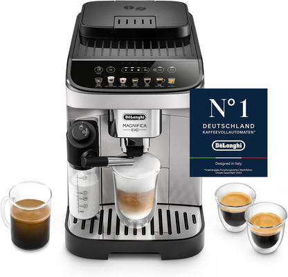 Magnifica Evo - (ECAM292.81.SB)Kaffeevollautomat mit Vollautomatischem cremigen Milchschaum,7 One-Touch-Getränke,Kaffeemaschine,Cappuccino & Espresso,Soft-Touch-Bedienfeld,Silber