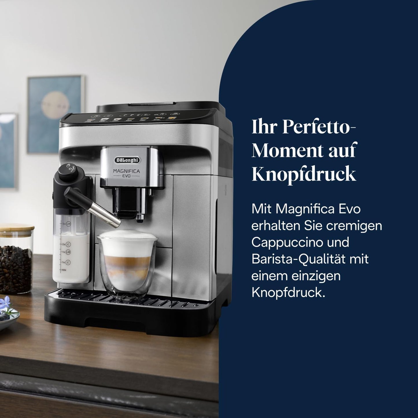 Magnifica Evo - (ECAM292.81.SB)Kaffeevollautomat mit Vollautomatischem cremigen Milchschaum,7 One-Touch-Getränke,Kaffeemaschine,Cappuccino & Espresso,Soft-Touch-Bedienfeld,Silber