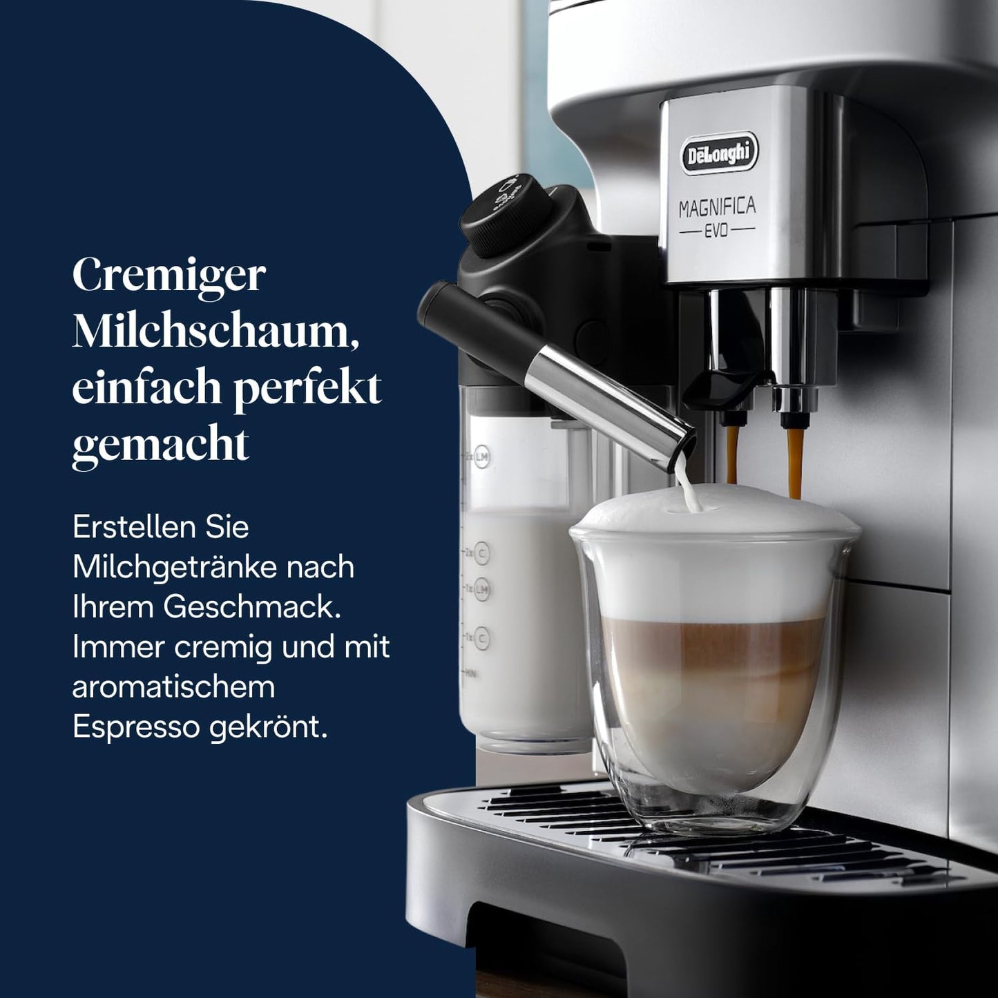 Magnifica Evo - (ECAM292.81.SB)Kaffeevollautomat mit Vollautomatischem cremigen Milchschaum,7 One-Touch-Getränke,Kaffeemaschine,Cappuccino & Espresso,Soft-Touch-Bedienfeld,Silber