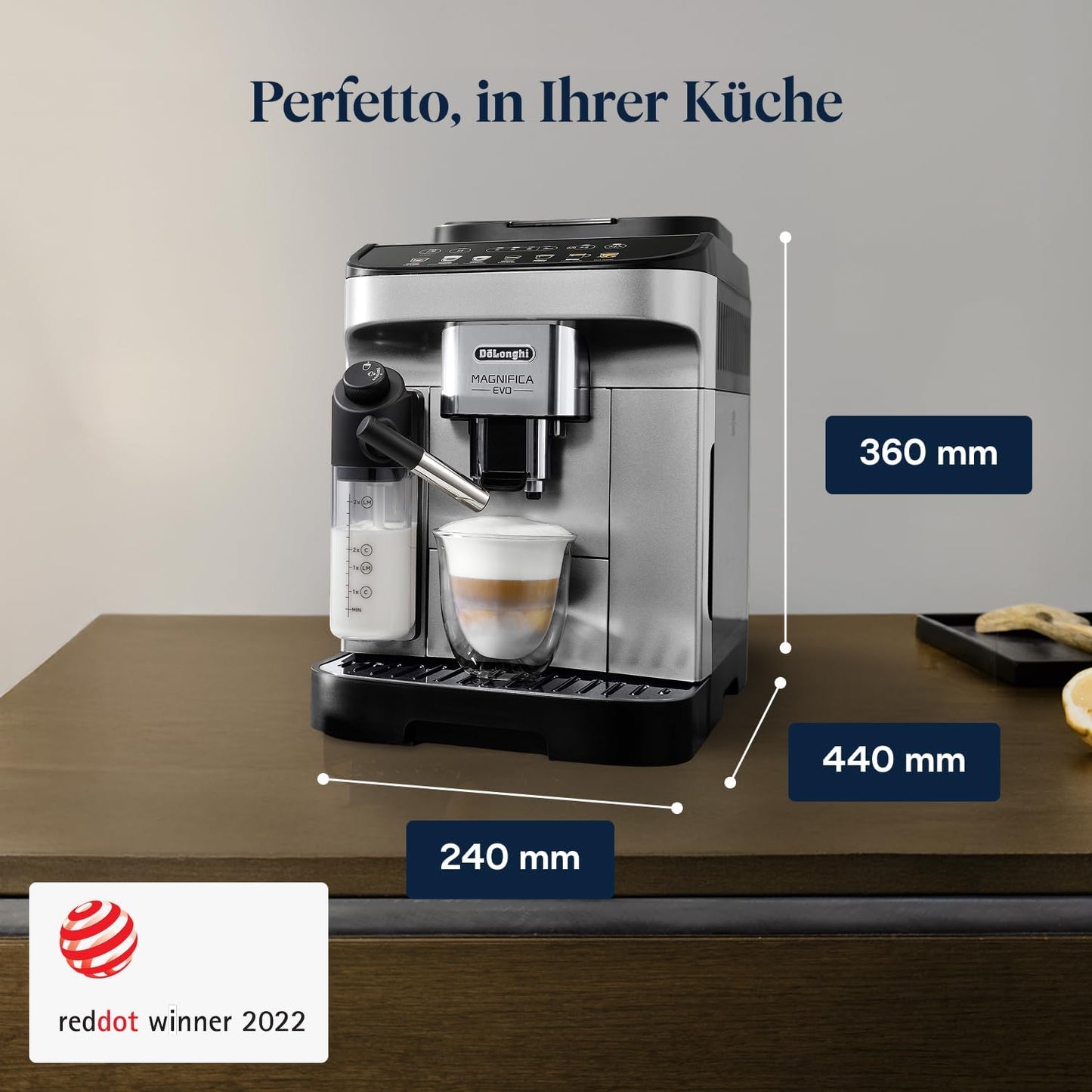 Magnifica Evo - (ECAM292.81.SB)Kaffeevollautomat mit Vollautomatischem cremigen Milchschaum,7 One-Touch-Getränke,Kaffeemaschine,Cappuccino & Espresso,Soft-Touch-Bedienfeld,Silber
