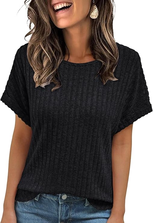 Damen Sommer Rundhals Basic Pullover Kurzarm Tunika Gebogener Saum Tops Elegant Casual Business Outfit 2025